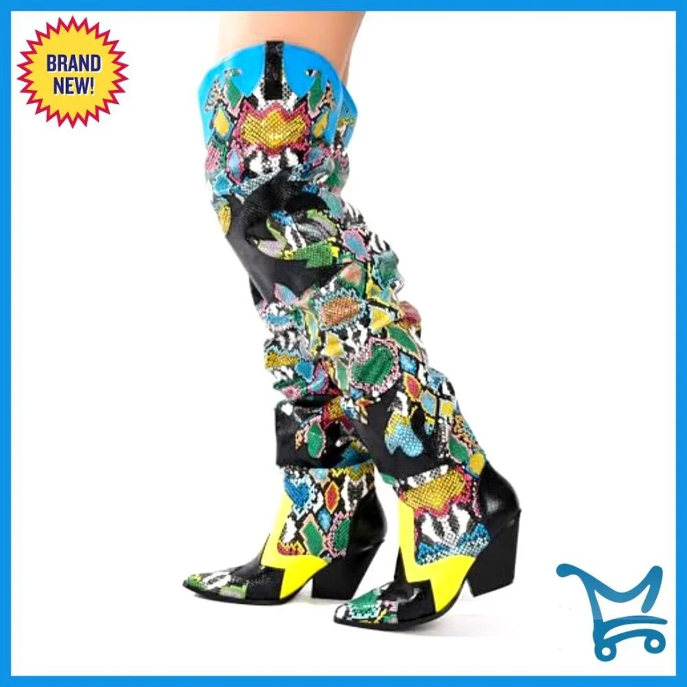 Thigh High Cowboy Boots with Chunky Heel, Slip Resistant, Faux Snakeskin